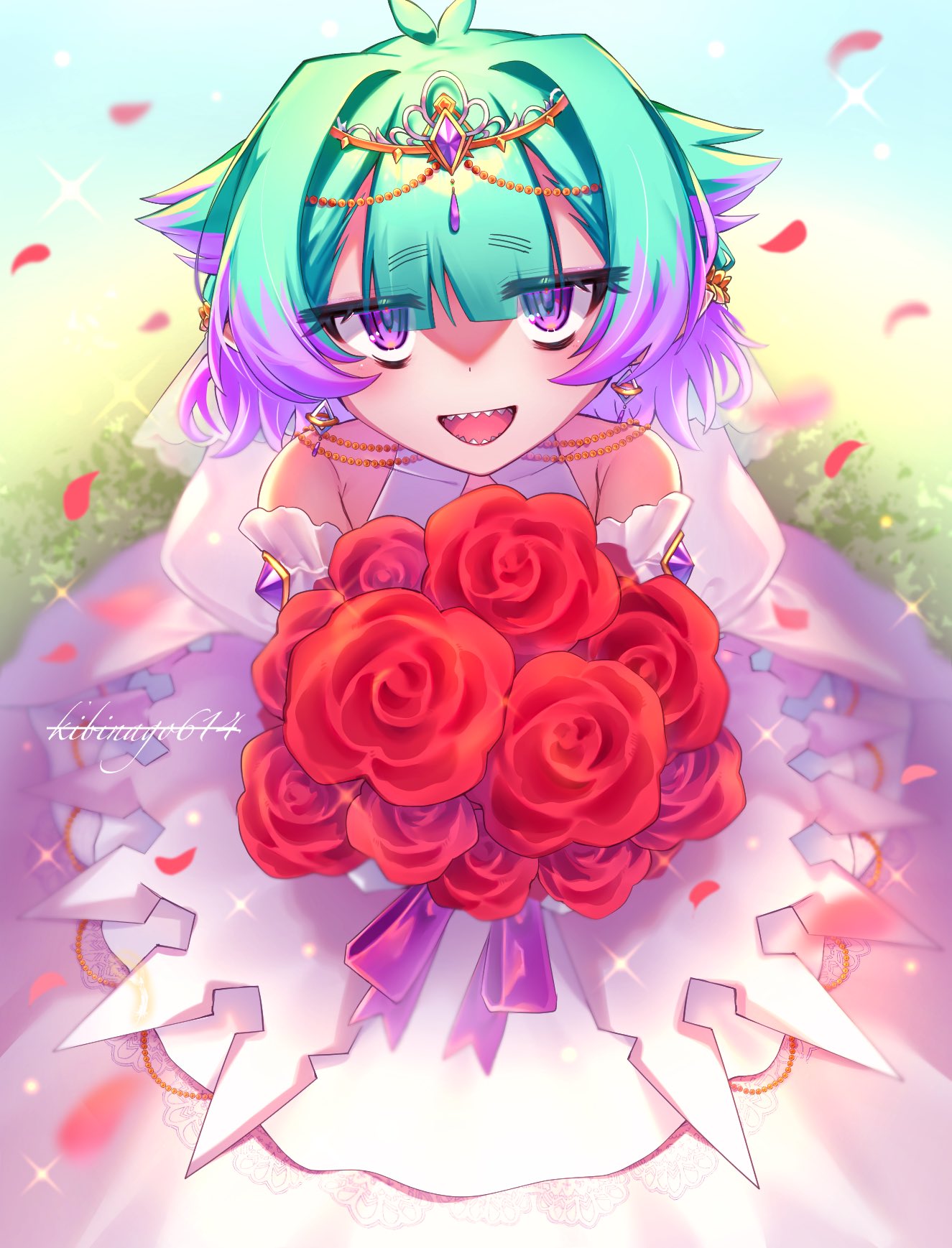 1girl, alternate_costume, artist_name, bare_shoulders, bouquet, bride, commentary_request, dress