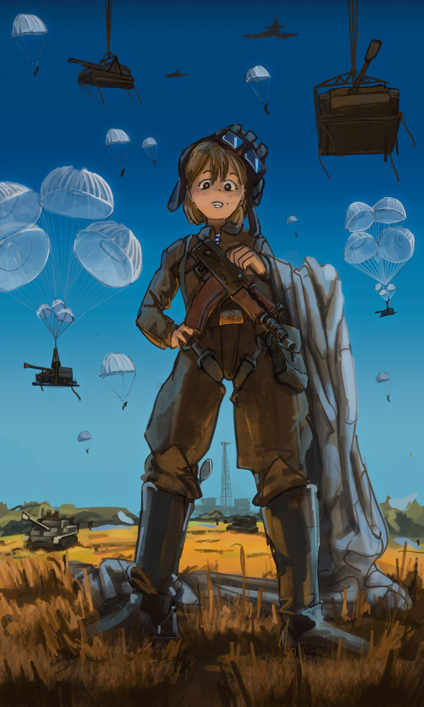 1girl, absurdres, aks-74u, assault_rifle, asu-57, black_boots, blonde_hair, blue_sky