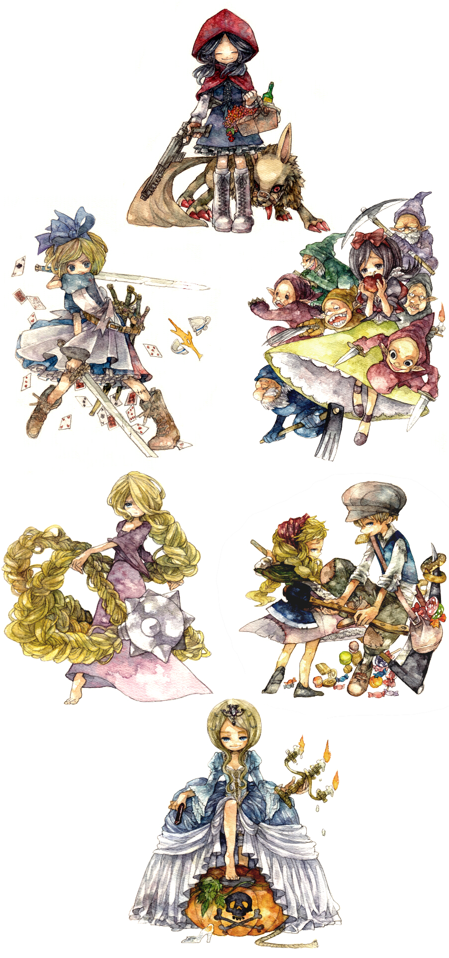 6+girls, alice_(wonderland), alice_in_wonderland, apple, big_bad_wolf_(grimm), black_hair, blonde_hair, braid