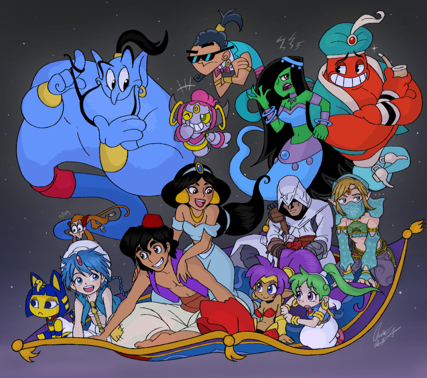 6+boys, 6+girls, abu_(aladdin), aladdin_(character), aladdin_(disney), aladdin_(magi), aladdin_(movie), altair_ibn_la-ahad, animal_crossing, ankha_(animal_crossing), arabian_clothes, asha_(monster_world), assassin's_creed_(series), blue_carpet, blue_skin, chris-thekid, colored_skin, crossover, cuphead_(game), danny_phantom, desiree_(danny_phantom), disney, djimmi_the_great, english_commentary, genie, genie_(aladdin), gerudo_set_(zelda), green_skin, highres, hoopa, jasmine_(disney), link, magi_the_labyrinth_of_magic, magic_carpet, monkey, monster_world, monster_world_iv, multiple_boys, multiple_girls, night, norm_the_genie, pokemon, pokemon_(creature), red_skin, shantae, shantae_(series), sky, the_fairly_oddparents, the_legend_of_zelda, trait_connection, trap