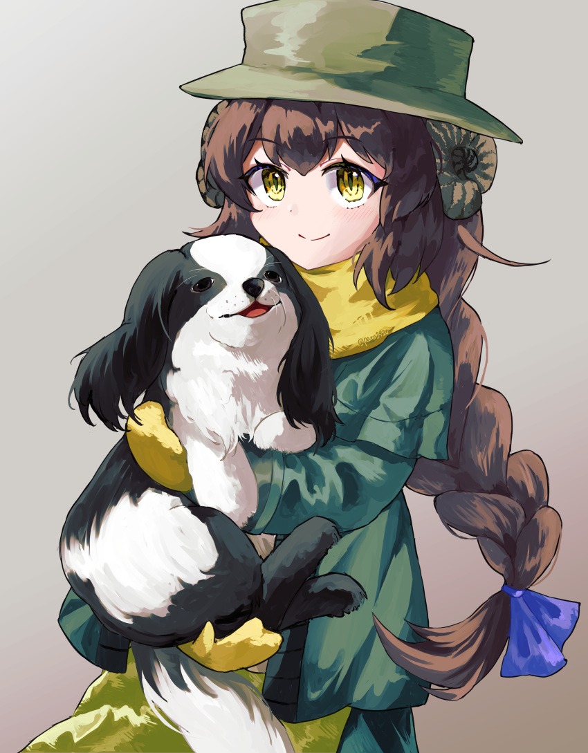 1girl, absurdres, ammonite_hair_ornament, animal, blush, braid, brown_hair, commentary_request