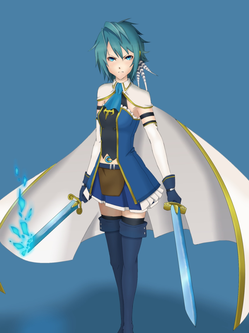 adapted_costume, alternate_costume, armband, ascot, blue_eyes, blue_hair, cape, dual_wielding, feathers, gloves, highres, mahou_shoujo_madoka_magica, midriff, miki_sayaka, short_hair, simple_background, solo, soul_gem, sword, thigh-highs, thighhighs, weapon, yokke, zettai_ryouiki