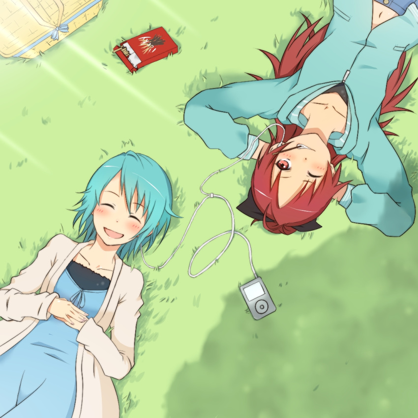 blue_hair, bow, casual, closed_eyes, digital_media_player, dress, earphones, eyes_closed, grass, grin, hair_bow, hoodie, ipod, jacket, long_hair, lying, mahou_shoujo_madoka_magica, midriff, miki_sayaka, multiple_girls, navel, open_mouth, picnic_basket, pocky, red_eyes, red_hair, redhead, sakura_kyouko, shared_earphones, short_hair, smile, wink, yokke