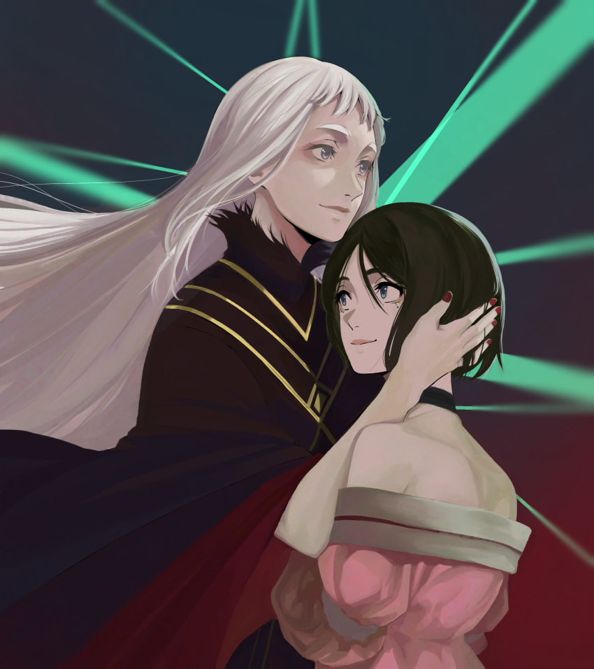2girls, absurdres, bare_shoulders, black_choker, black_cloak, blue_eyes, brown_hair, choker