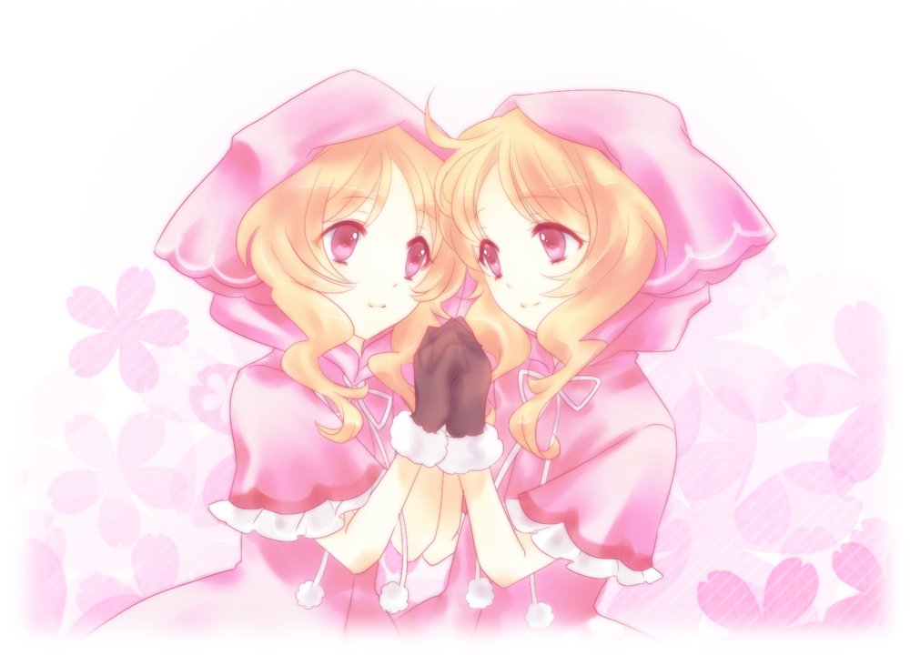 2girls, black_gloves, brown_hair, capelet, commentary_request, drawstring, dual_persona, gloves