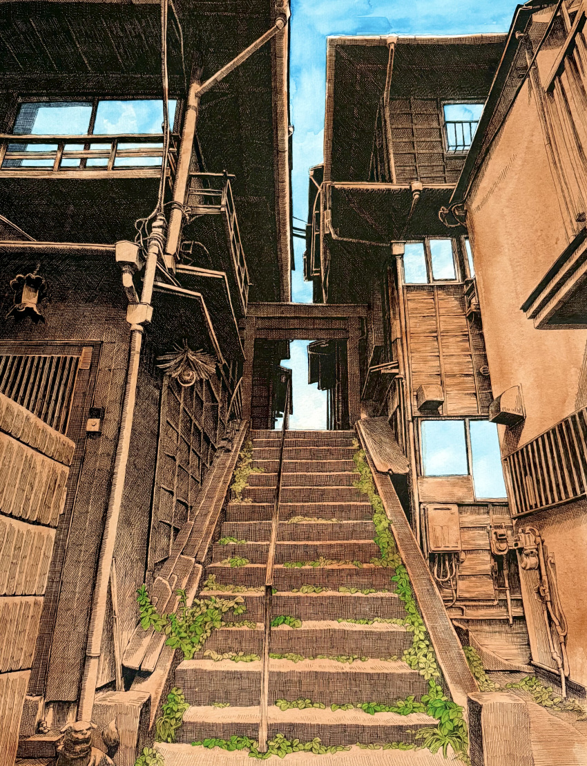absurdres, alley, blue_sky, building, chinese_commentary, commentary_request, complementary_colors, day