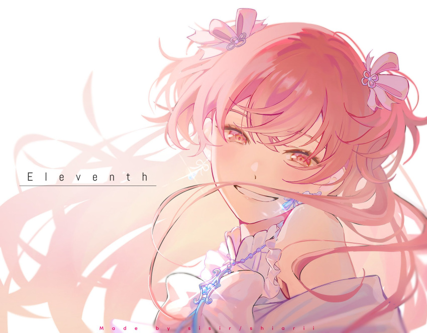 1girl, artist_name, blush, bow, brooch, cheer_with_my_heart!_(project_sekai), clothing_cutout, clover_brooch