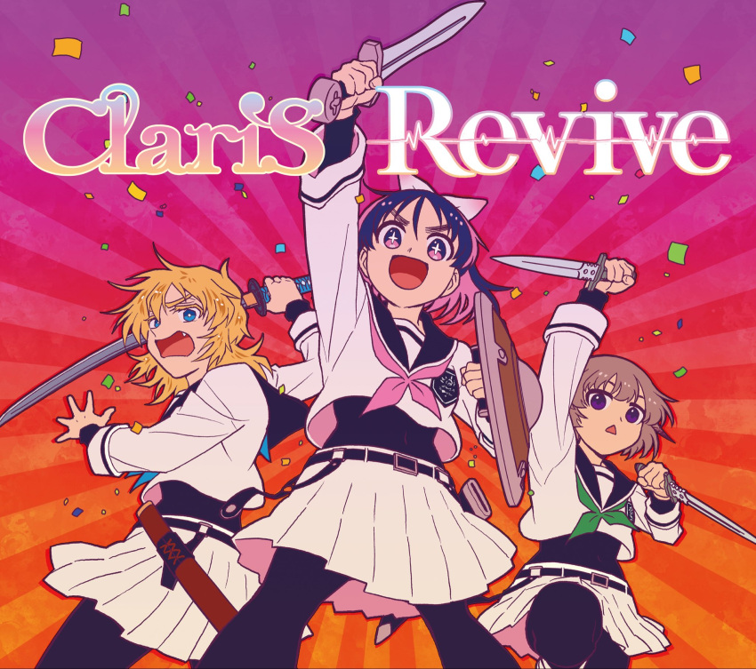+_+, 3girls, album_cover, arm_up, artist_request, blonde_hair, claris_(group), commentary_request