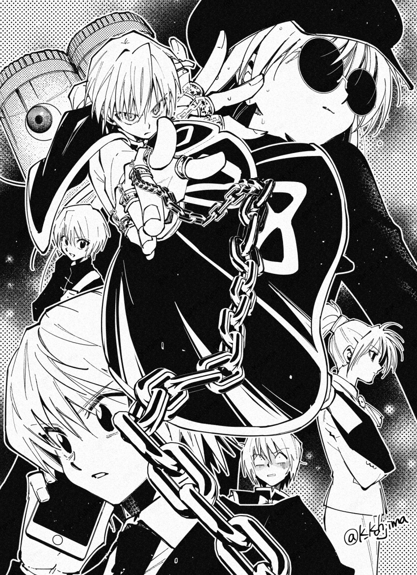 1boy, chain, clerical_collar, commentary_request, crystal_earrings, disembodied_eye, earrings, hand_chains