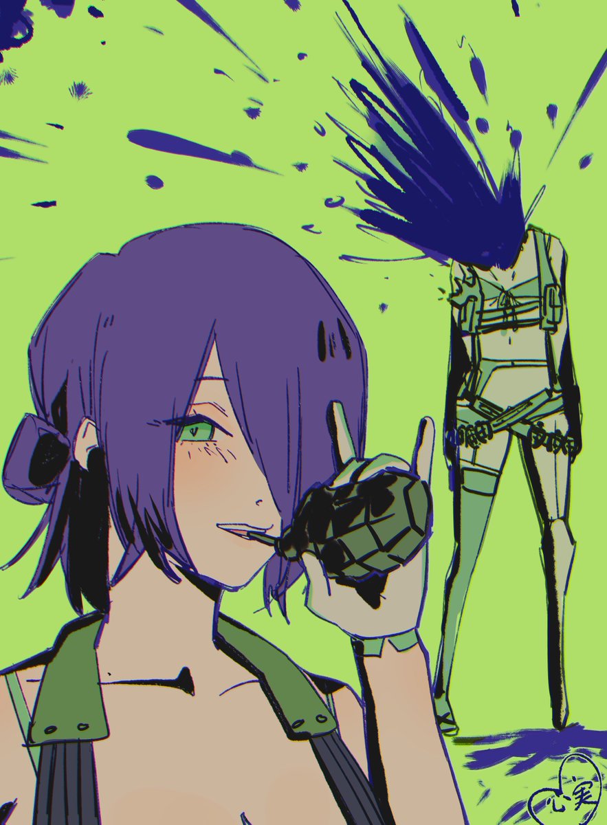 amputee, bikini, camouflage_thighhighs, chainsaw_man, explosive, green_bikini, green_eyes, green_garter_belt