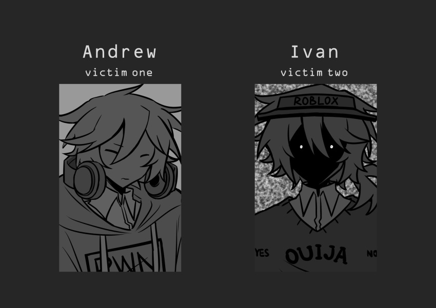 2boys, andrew_(bad_things), bad_things_(roblox), character_name, closed_eyes, closed_mouth, clothes_writing, collared_shirt, commentary, english_commentary, greyscale, guiling_00xx, headphones, headphones_around_neck, highres, hood, hoodie, humanization, ivan_(bad_things), looking_at_viewer, low_ponytail, male_focus, monochrome, multiple_boys, parody, ponytail, roblox, shaded_face, shirt, static, sweater, the_mandela_catalogue, visor_cap