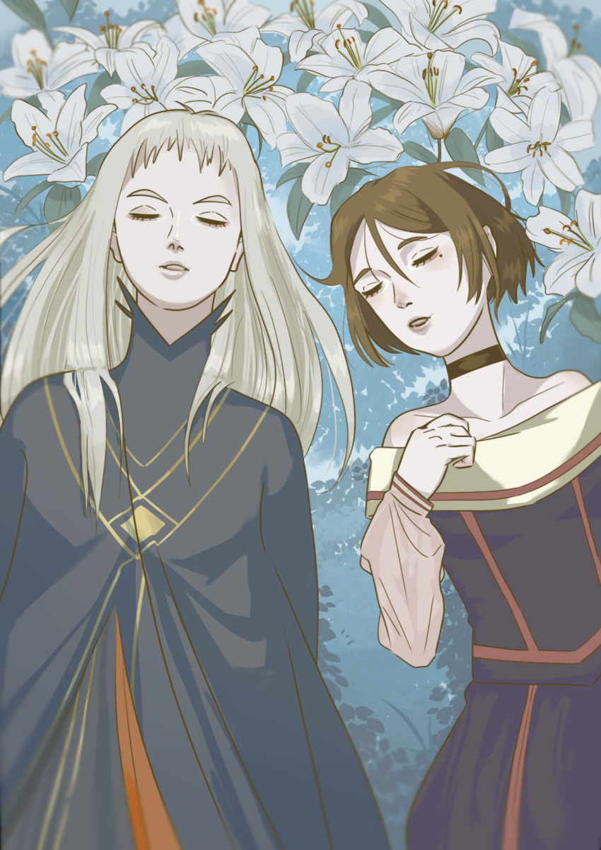 01060122, 2girls, bare_shoulders, black_choker, black_cloak, brown_hair, choker, cloak