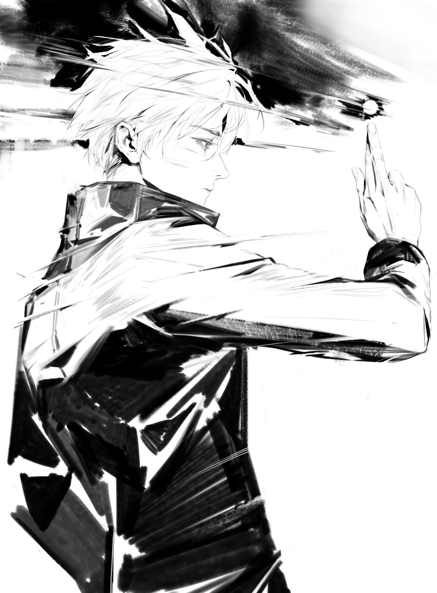1boy, 3x3threexthree, absurdres, arm_at_side, closed_mouth, commentary_request, crossed_fingers, from_side, gojo_satoru, gojou's_imaginary_technique, hand_up, high_collar, highres, jacket, jujutsu_kaisen, long_sleeves, looking_ahead, male_focus, motion_lines, short_hair, simple_background, solo, upper_body, white_background