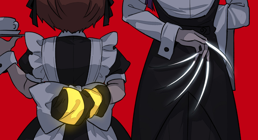 1boy, 1girl, apron, arm_behind_back, back_bow, black_dress, black_pants, black_ribbon