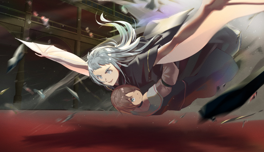 2girls, bare_shoulders, black_choker, black_cloak, brown_hair, choker, cloak, commentary_request