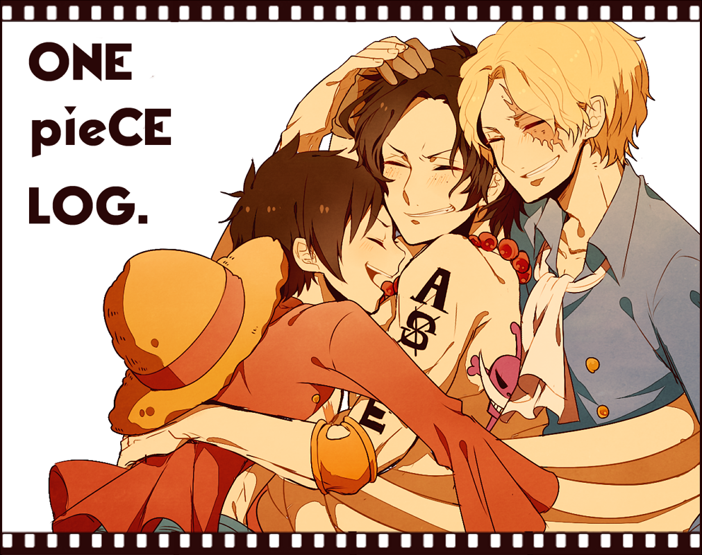 3boys, ^_^, ascot, back_tattoo, black_hair, blonde_hair, blush, brothers
