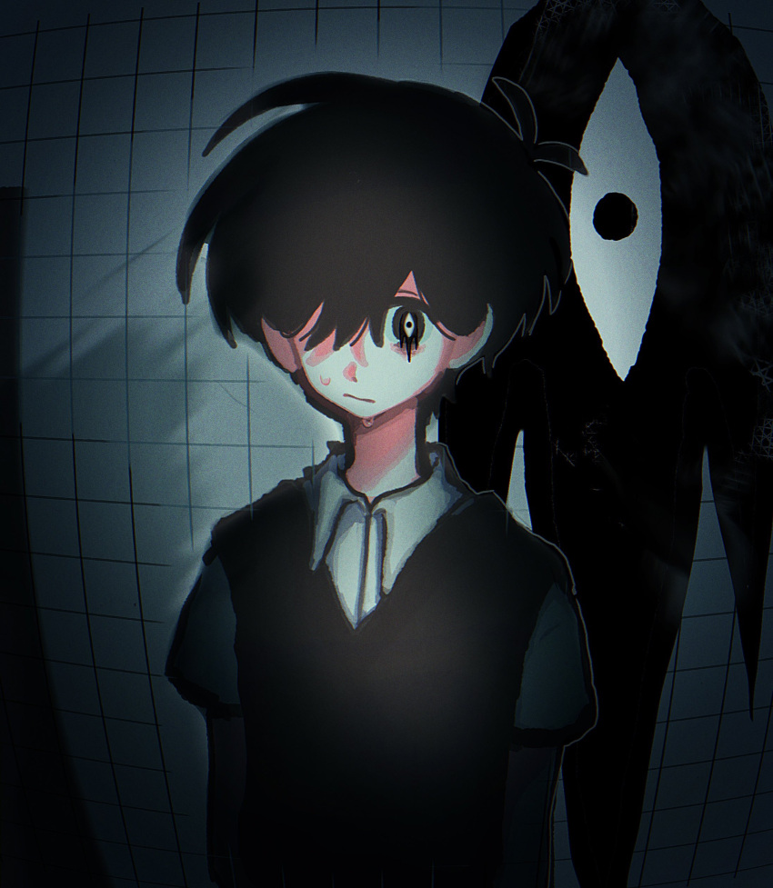 1boy, absurdres, antenna_hair, black_sweater_vest, closed_mouth, collared_shirt, commentary_request, fuchome
