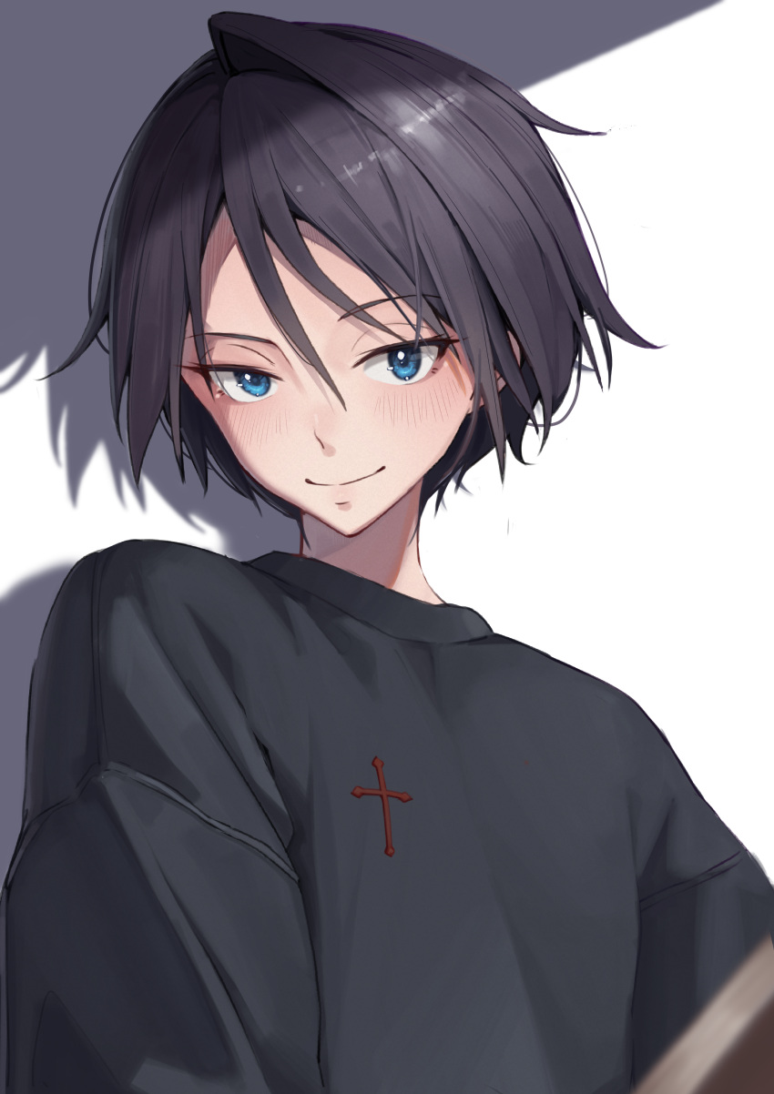 >:), 1girl, absurdres, black_hair, black_shirt, blue_eyes, blush, closed_mouth