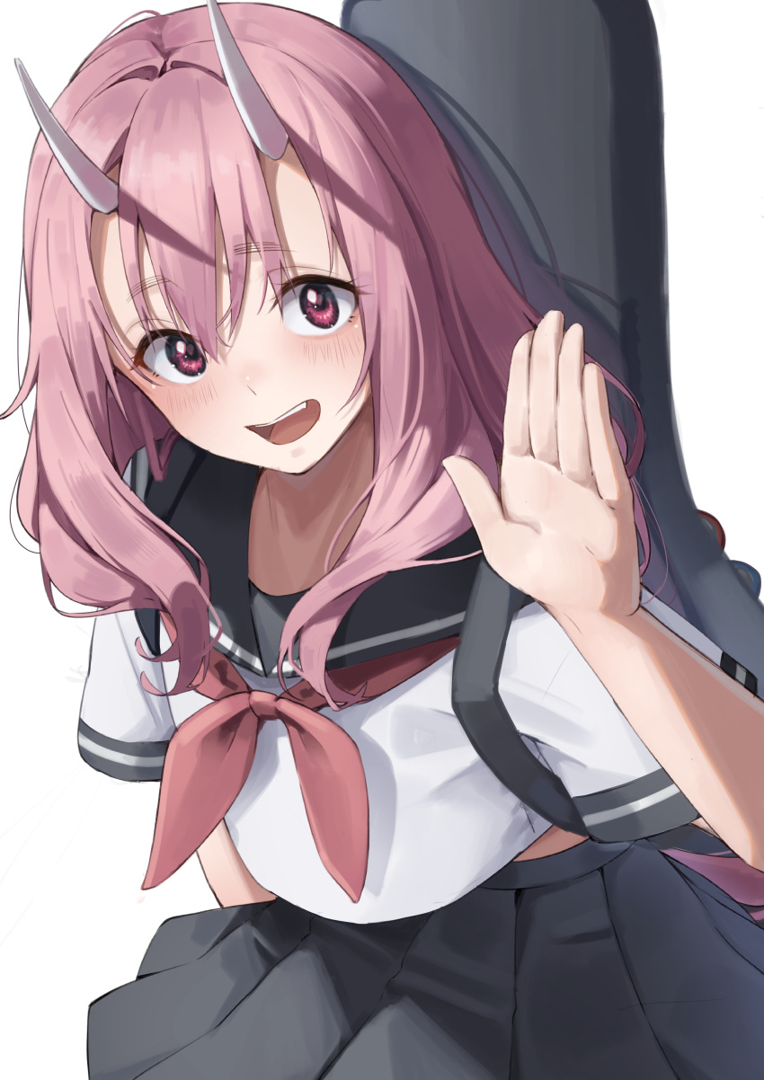 1girl, :d, absurdres, alternate_costume, arm_at_side, black_sailor_collar, black_skirt, blush