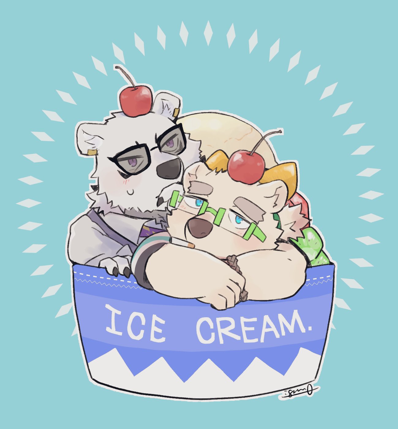 2boys, animal_ears, bear_boy, bear_ears, blush, borealis_(live_a_hero), cherry, chibi, chibi_only, cigarette, claws, closed_mouth, commentary_request, english_text, food, fruit, furry, furry_male, glasses, highres, ice_cream, igarashi_(igarashi_ta), leib_(housamo), live_a_hero, looking_up, male_focus, multiple_boys, signature, sweatdrop, tokyo_afterschool_summoners, unlit_cigarette_in_mouth, upper_body