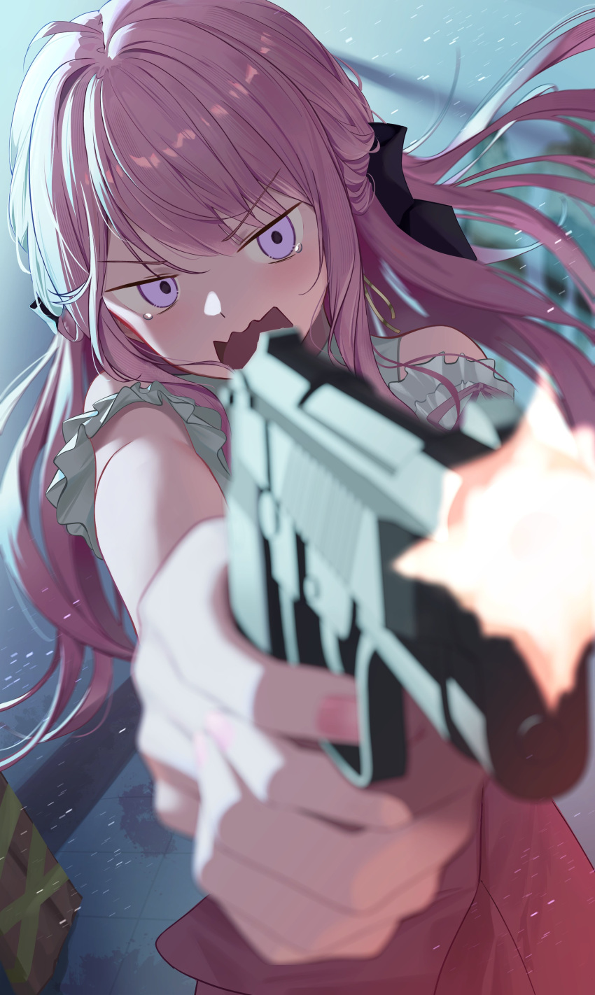 1girl, absurdres, ahoge, aiming, bare_shoulders, beretta_92, blurry, blurry_foreground