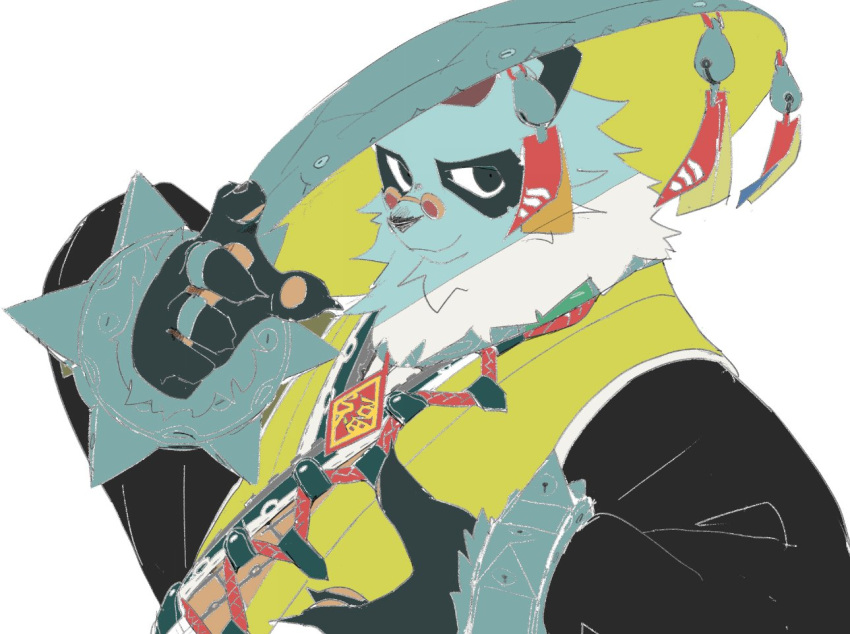 1boy, black-fur, bracelet, chinese_clothes, furry, furry_male, jewelry, looking_at_viewer, male_focus, multicolored_fur, pan_yinhu, pawpads, round_eyewear, shirt, smile, spiked_bracelet, spikes, tkhlunehnbxc2fd, white_background, white_fur, wok, yellow_shirt, zenless_zone_zero
