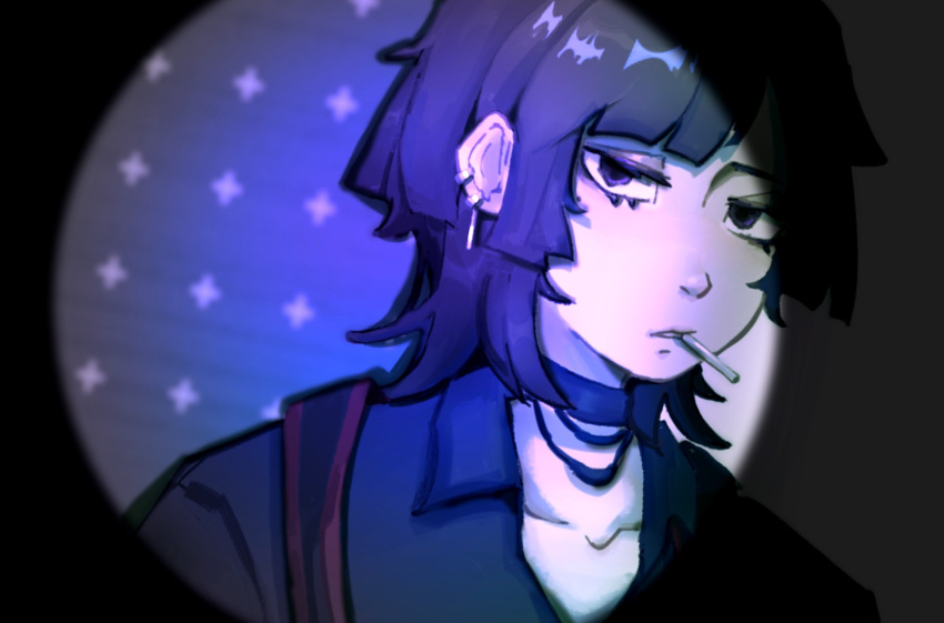 1girl, black_choker, black_hair, choker, cigarette, collared_shirt, commentary, degrees_of_lewdity