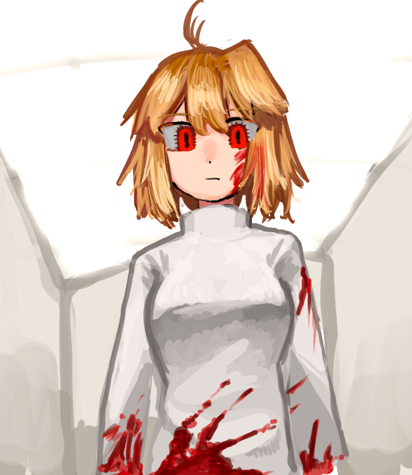 1girl, 2024, antenna_hair, arcueid_brunestud, blonde_hair, blood, blood_on_clothes, blood_on_face