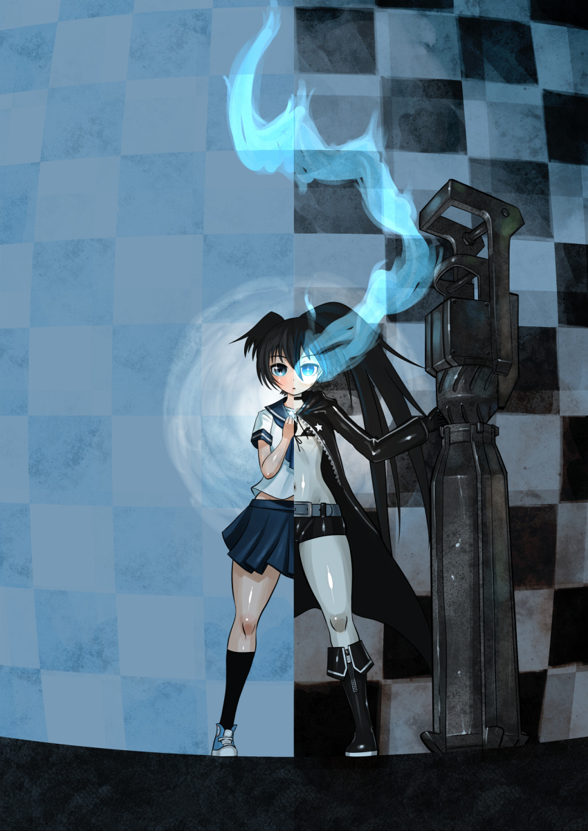 black_rock_shooter_(character), blue_eyes, boots, checkered, glowing, glowing_eyes, gun, highres, kuroi_mato, mirror_opposites, scar, school_uniform, shorts, skirt, socks, star, tibatiba, twintails, uneven_twintails, weapon