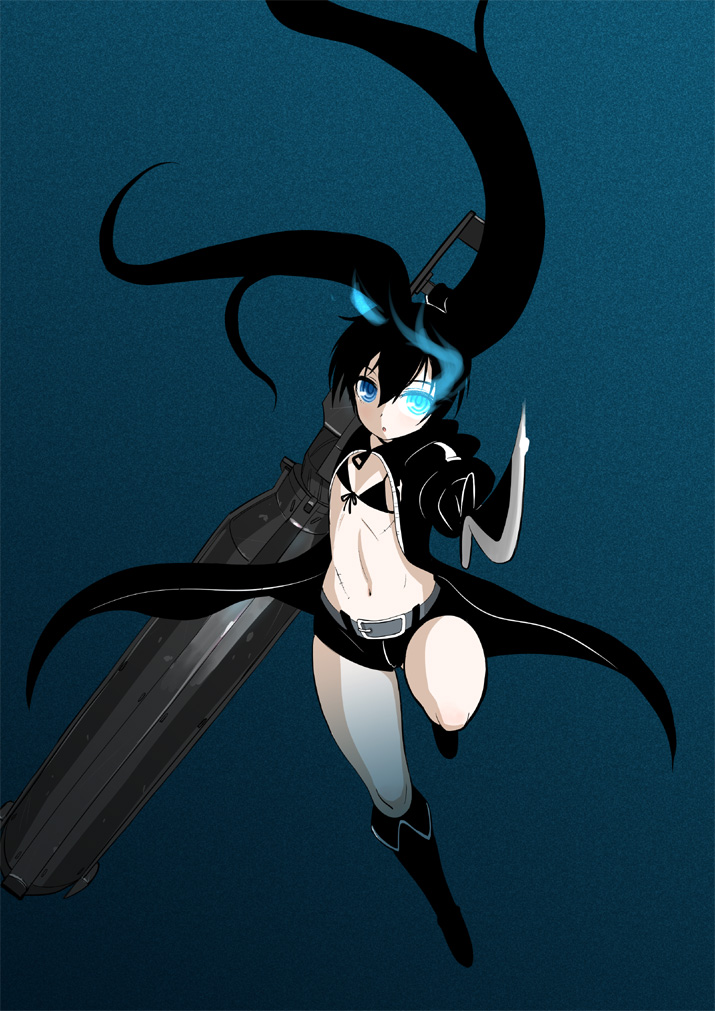 bikini_top, black_hair, black_rock_shooter, black_rock_shooter_(character), blue_eyes, boots, glowing, glowing_eyes, gun, long_hair, scar, shorts, sword, tibatiba, twintails, uneven_twintails, weapon