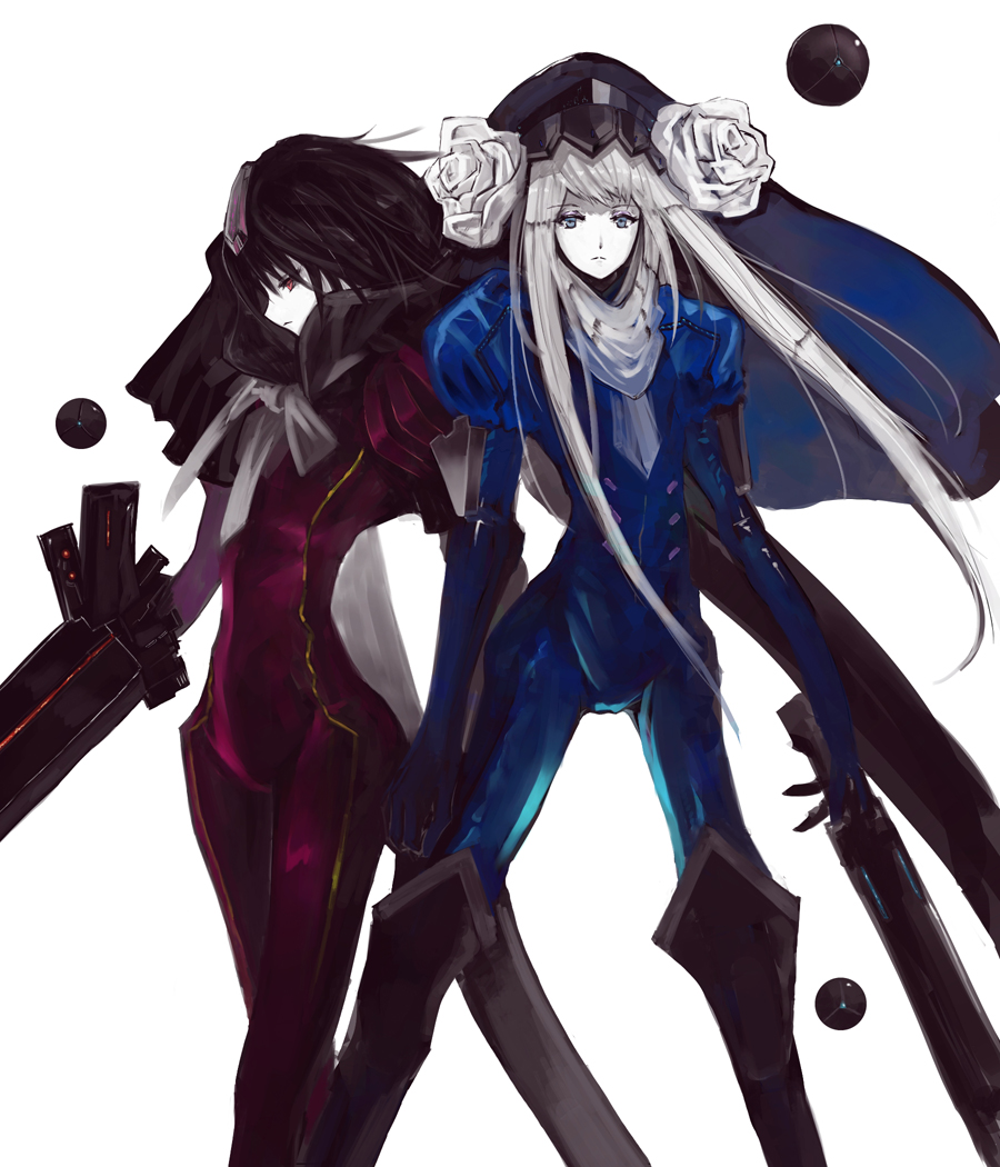 2girls, black_eyes, black_hair, blame!, blue_eyes, bodysuit, cibo, cosplay
