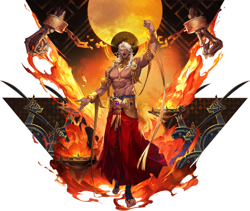 1boy, absurdres, armlet, barefoot, border, brazier, broken, broken_chain