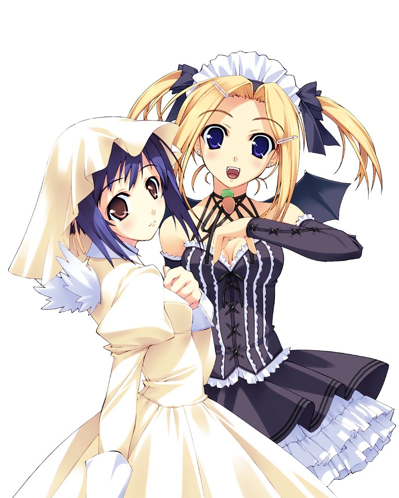 bare_shoulders, bat_wings, blonde_hair, blue_eyes, blue_hair, bow, breasts, cleavage