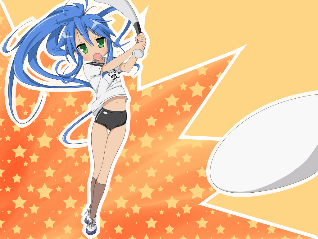 baseball, baseball_bat, blue_hair, buruma, green_eyes, gym_uniform, izumi_konata, komo_egg