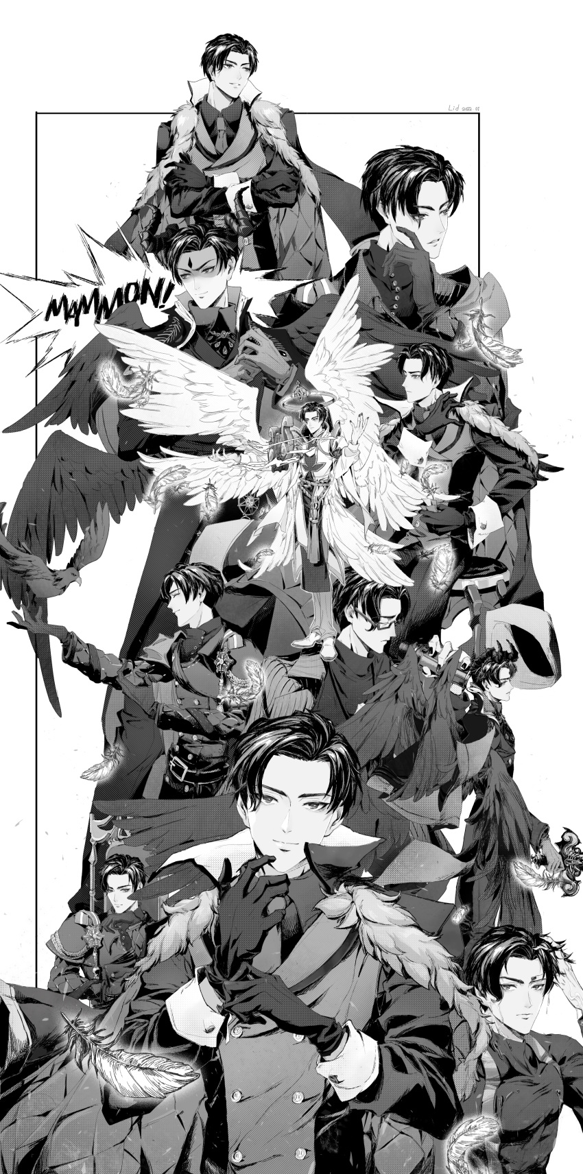 1boy, absurdres, adjusting_clothes, adjusting_gloves, adjusting_headwear, angel, angel_wings, animal_on_arm