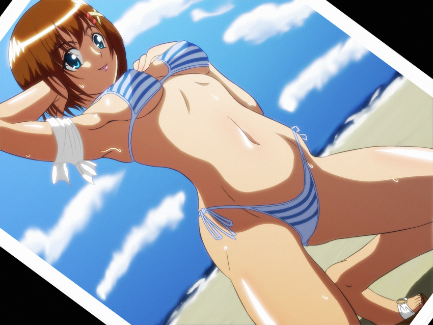 beach, bikini, blue_eyes, brown_hair, esperanza_(wp), highres, lyrical_nanoha, mahou_shoujo_lyrical_nanoha