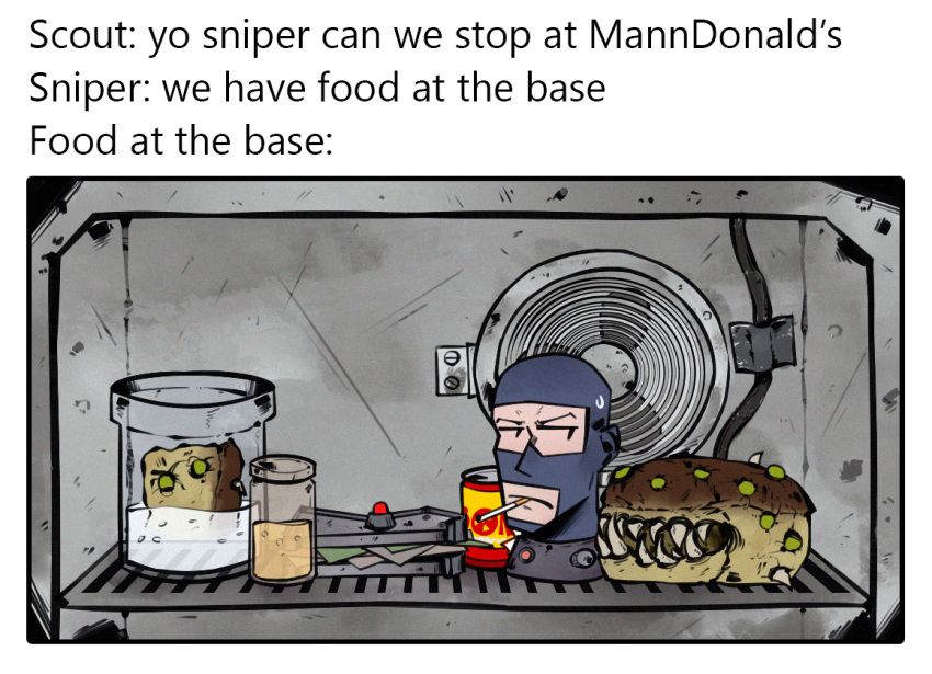 1boy, balaclava, blu_spy_(tf2), bread_monster, can, closed_mouth, drink_can, english_text, frown, fujimna, furrowed_brow, in_container, in_refrigerator, jar, jarate, looking_to_the_side, meet_the_team, meme, refrigerator, refrigerator_interior, robo-sandvich, severed_head, sharp_teeth, small_sweatdrop, soda_can, spy_(tf2), team_fortress_2, teeth, we_have_food_at_home_(meme)