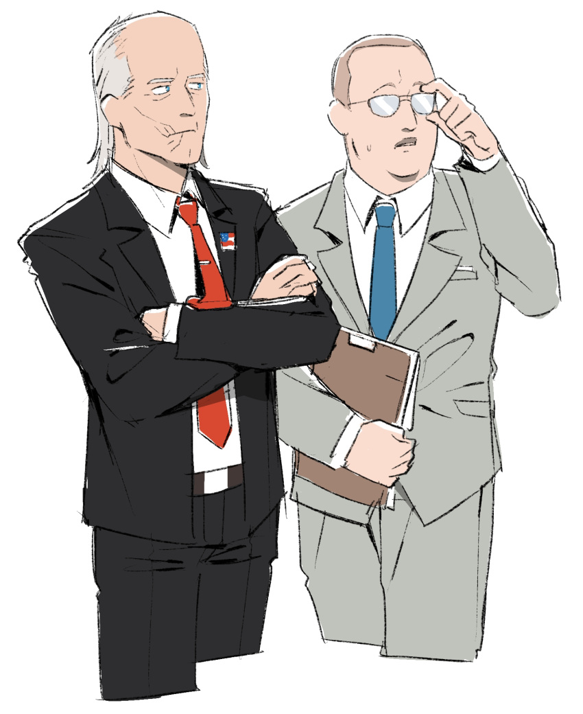 2boys, 990shitpost, adjusting_eyewear, black_jacket, black_pants, black_suit, blue_eyes, blue_necktie