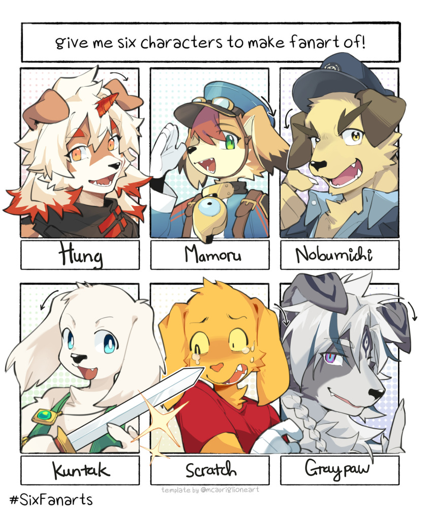 6+boys, animal_ears, blue_hat, character_name, character_request, colored_tips, dog_boy, dog_ears, english_commentary, english_text, fangs, furry, furry_male, hat, highres, holding, holding_sword, holding_weapon, horns, hung_(arknights), looking_at_object, looking_at_viewer, male_focus, mamoru-kun, mamoru-kun_(little_tail_bronx), multicolored_hair, multiple_boys, multiple_drawing_challenge, nobumichi_(housamo), open_mouth, original, police, police_uniform, scratch_(the_amazing_digital_circus), shoko_contane, single_horn, six_fanarts_challenge, smile, sparkle, sword, the_amazing_digital_circus, tokyo_afterschool_summoners, upper_body, weapon