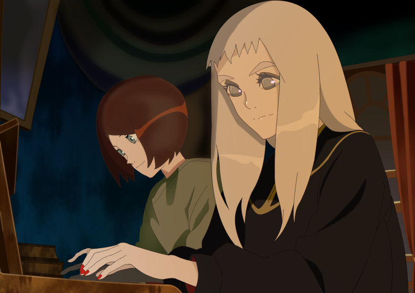 2girls, absurdres, black_choker, black_cloak, brown_hair, choker, cloak, commentary_request