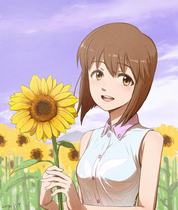 1girl, blue_dress, breasts, brown_eyes, brown_hair, collared_dress, commentary_request, dated, day, dress, field, floral_print, floral_print_dress, flower, flower_field, hagiwara_yukiho, holding, holding_flower, idolmaster, idolmaster_(classic), idolmaster_1, looking_at_viewer, okome_(ssallll), open_mouth, outdoors, print_dress, short_hair, sleeveless, sleeveless_dress, solo, sunflower, upper_body
