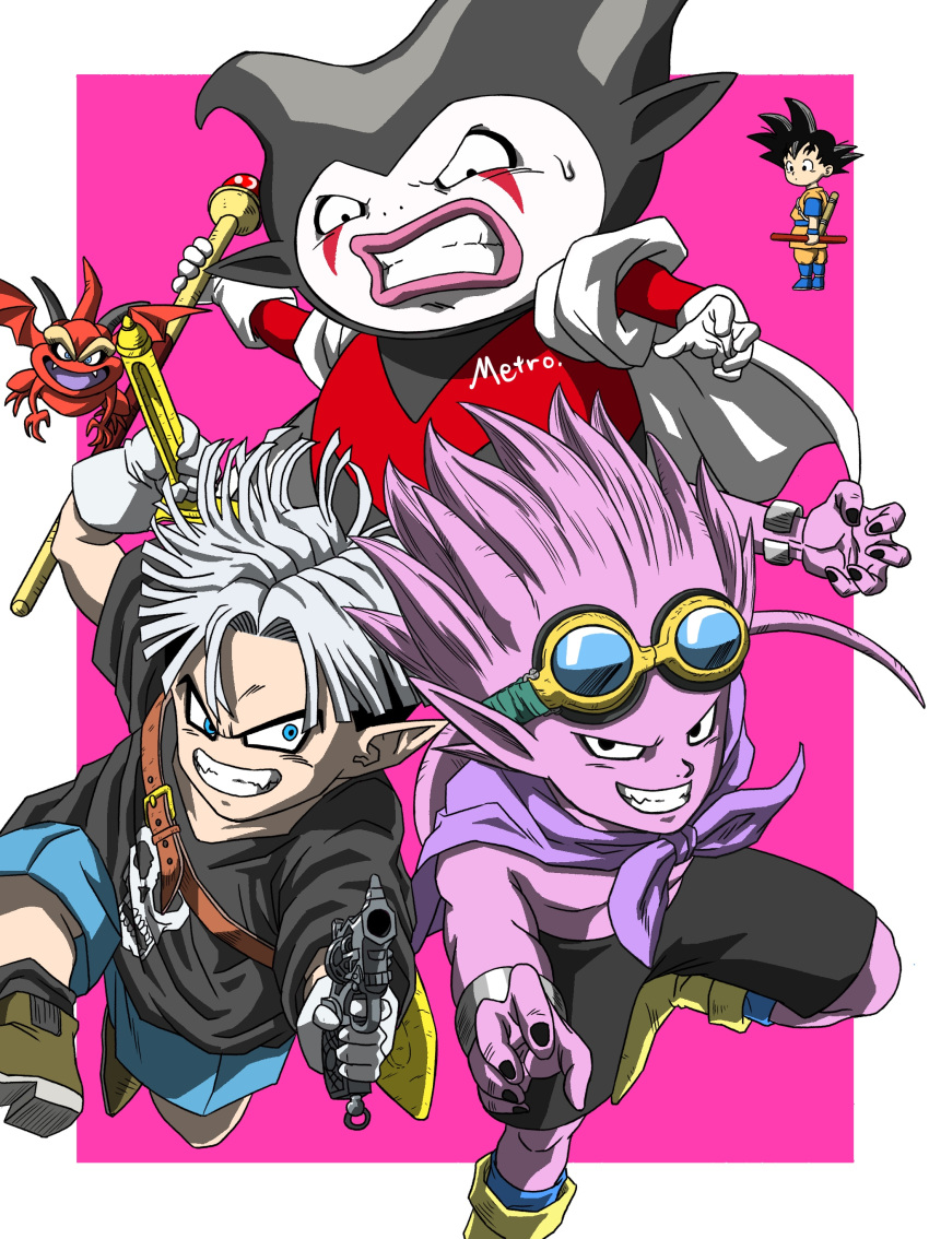 4boys, absurdres, ackman, aiming, aiming_at_viewer, arm_up, beelzebub_(sand_land), belt