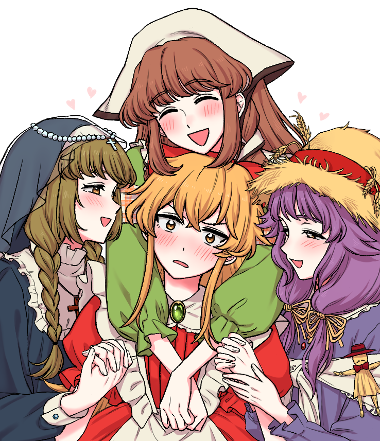 4girls, affectionate_harem, apron, blush, bow, braid, braided_twintails, brooch
