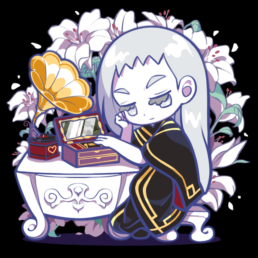1girl, black_cloak, capelet, chair, chibi, chibi_only, cloak, commentary_request