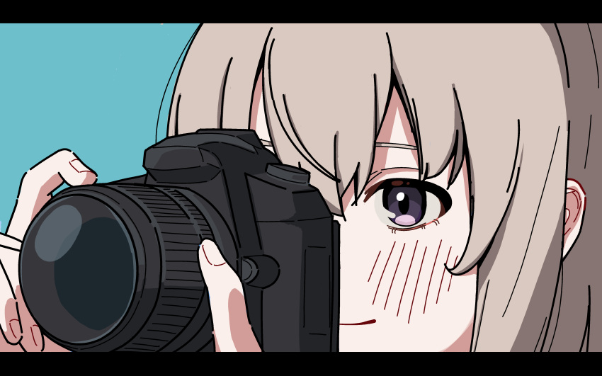 1girl, absurdres, blue_background, blush, camera, commentary_request, grey_hair, highres
