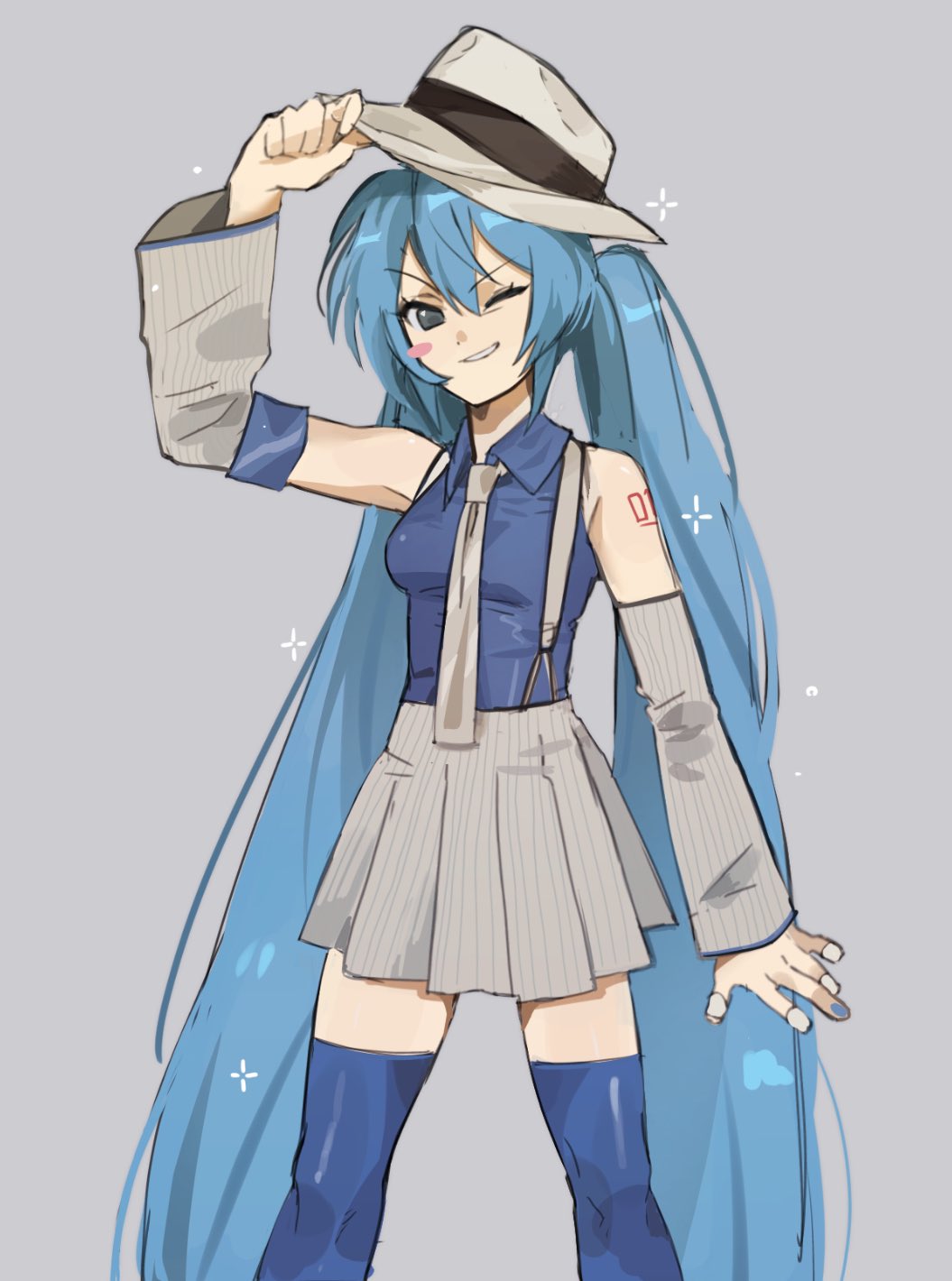armpits, blue_eyes, blue_hair, blue_shirt, blue_thighhighs, blush_stickers, breasts, detached_sleeves