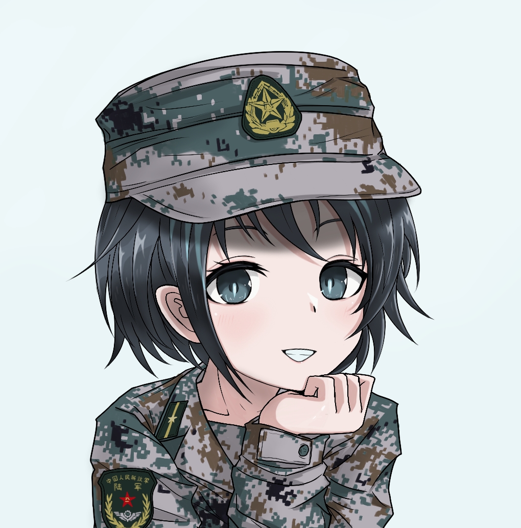 1girl, black_eyes, black_hair, camouflage, camouflage_hat, camouflage_jacket, commentary_request, eyelashes