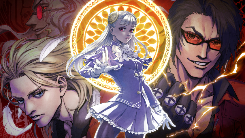 1girl, 3boys, absurdres, avel_(capcom), blonde_hair, blue_eyes, bow, bowtie, brown_hair, capcom_fighting_allstars, clenched_hand, d_d, feathers, game_asset, gloves, grin, hairpods, highres, ingrid_(capcom), long_hair, looking_at_viewer, multiple_boys, non-web_source, official_art, pantyhose, parted_lips, pleated_skirt, red-tinted_eyewear, red_eyes, rook_(capcom), round_eyewear, self-datamine, skirt, smile, street_fighter, street_fighter_6, sunglasses, tinted_eyewear, white_bow, white_bowtie, white_feathers, white_gloves, white_hair