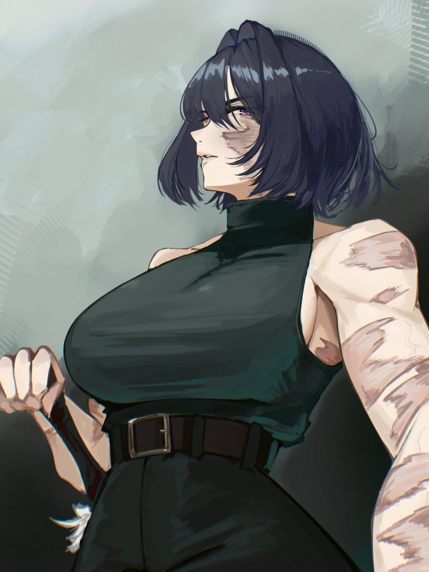 1girl, absurdres, bare_arms, bare_shoulders, belt, black_shirt, blue_eyes, blue_hair