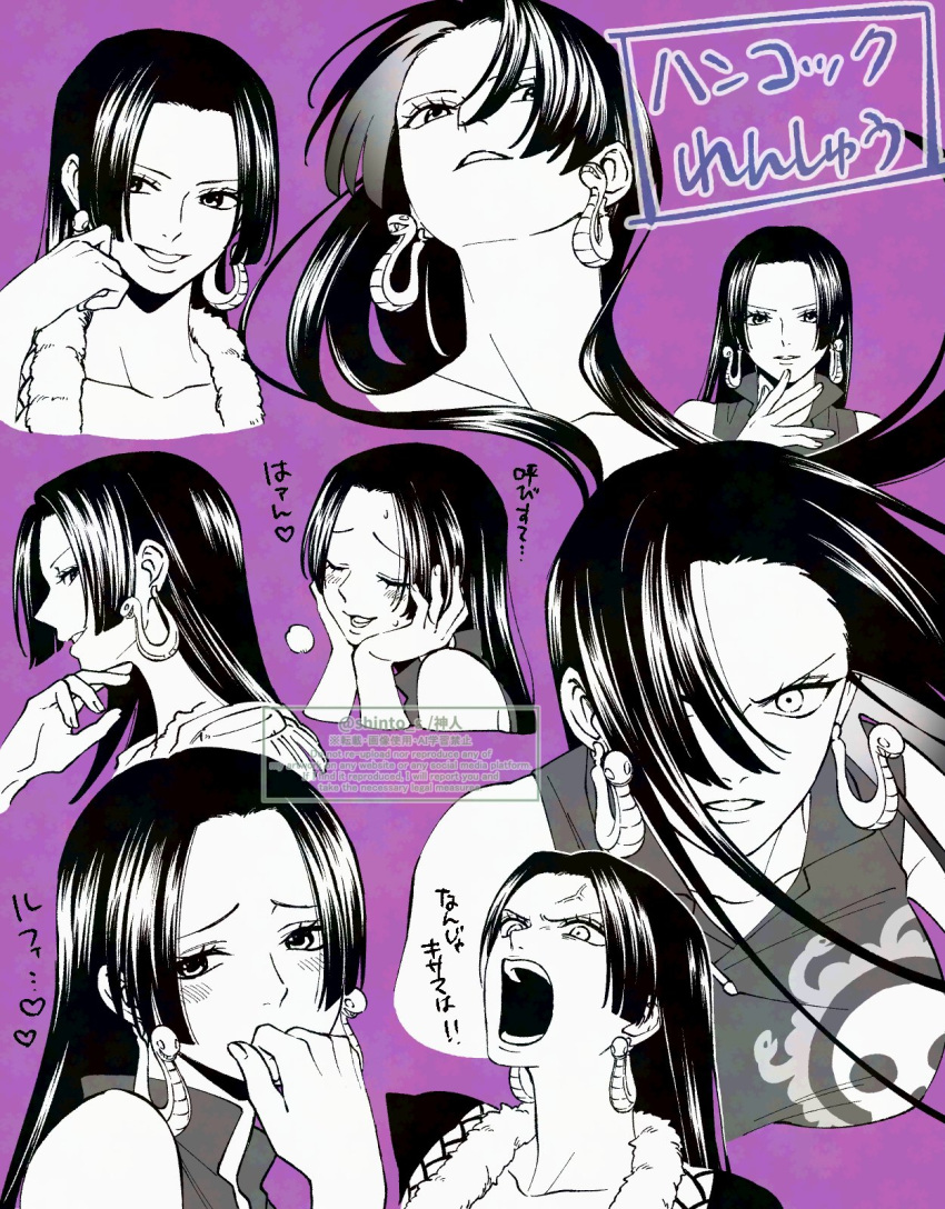 1girl, angry, blush, boa_hancock, collared_shirt, commentary_request, dress, earrings